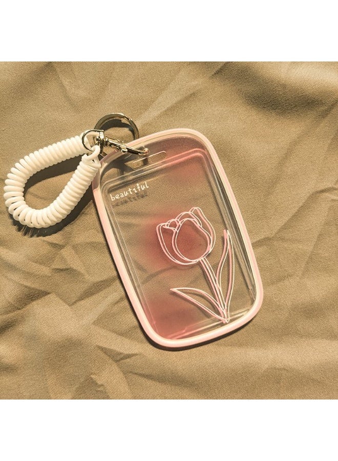 NIBEMINENT 1 - Piece Pink Rose Gradient Kpop Photo Card Holder Pendant Key Chain ID Badge Holder ID Card Holder Photo Card Protector for School ID Office ID Access Card for Women Girls