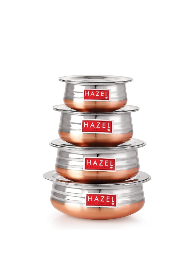 HAZEL Copper Bottom Uruli with Lid | Stainless Steel Biryani Cooking and Serving Pot Set of 4 (800 ML, 1200 ML, 1600 ML, 2000 ML) - Image 1