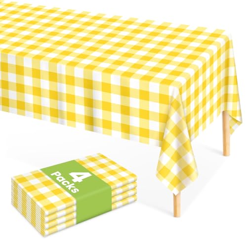 Mulbozy 4 Pcs Yellow Checkered Tablecloth 54 ×108 Inches Rectangle Yellow Gingham Tablecover Disposable Plastic Waterproof Table Cover for Outdoor Picnic, Kitchen, Holiday Birthday Party - Image 1