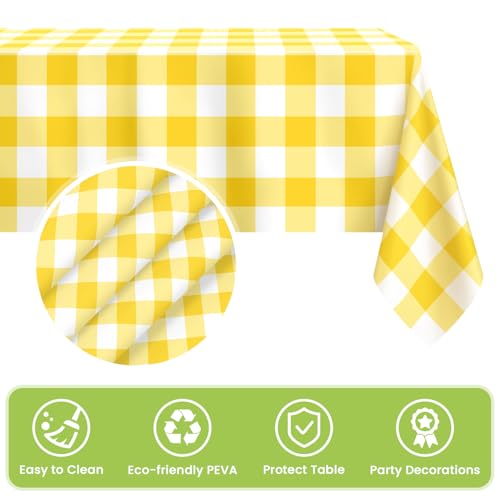 Mulbozy 4 Pcs Yellow Checkered Tablecloth 54 ×108 Inches Rectangle Yellow Gingham Tablecover Disposable Plastic Waterproof Table Cover for Outdoor Picnic, Kitchen, Holiday Birthday Party - Image 4