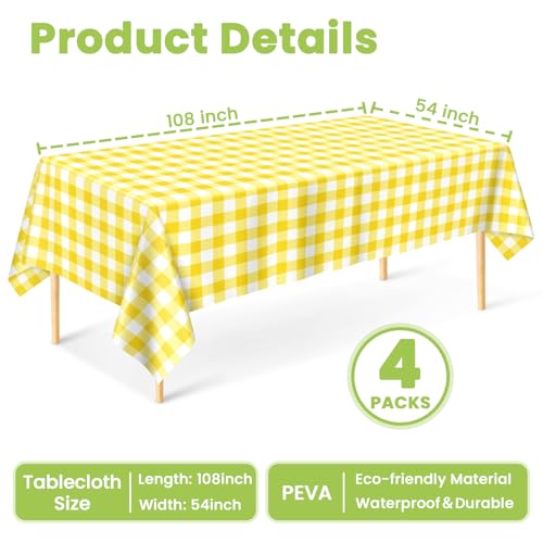 Mulbozy 4 Pcs Yellow Checkered Tablecloth 54 ×108 Inches Rectangle Yellow Gingham Tablecover Disposable Plastic Waterproof Table Cover for Outdoor Picnic, Kitchen, Holiday Birthday Party - Image 3