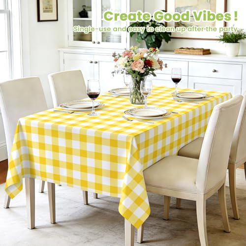 Mulbozy 4 Pcs Yellow Checkered Tablecloth 54 ×108 Inches Rectangle Yellow Gingham Tablecover Disposable Plastic Waterproof Table Cover for Outdoor Picnic, Kitchen, Holiday Birthday Party - Image 2