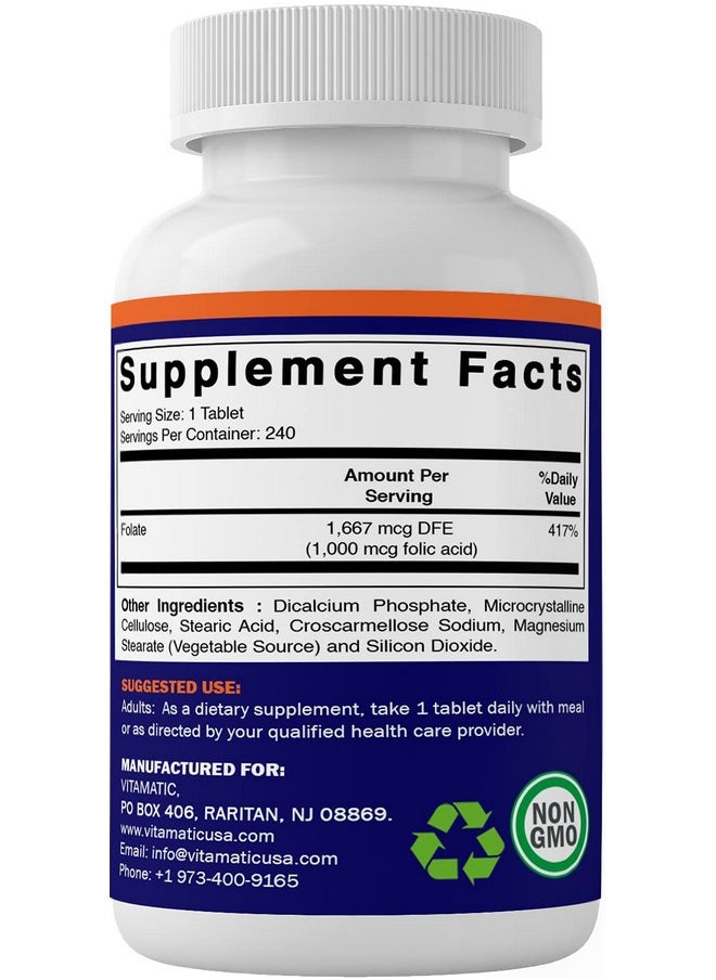 Vitamatic Folic Acid 1000 mcg (1 mg) - Vegetarian Tablets - 1667 mcg DFE - Vitamin B9 (240 Count (Pack of 1)) - pzsku/Z5903A1A103DAE4A31372Z/45/_/1739864206/500a8370-1339-4945-a262-4da9c6beed5f