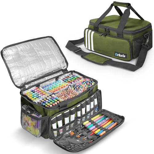 ORKELS Paint and Marker Organizer Acrylic Paint Storage Bag with Brush and Bottle Holders Large Marker Carrying Case for Artists Up to 216 markers or 54 bottles of 2oz acrylic paint Green - Image 1