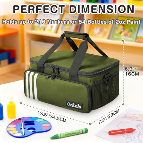 ORKELS Paint and Marker Organizer Acrylic Paint Storage Bag with Brush and Bottle Holders Large Marker Carrying Case for Artists Up to 216 markers or 54 bottles of 2oz acrylic paint Green - Image 3