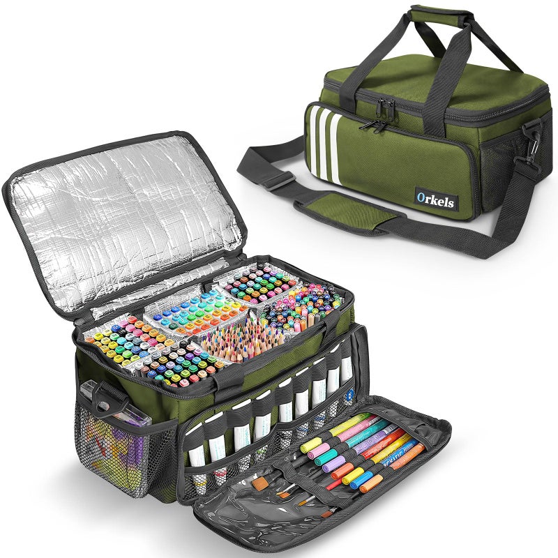 ORKELS Paint and Marker Organizer Acrylic Paint Storage Bag with Brush and Bottle Holders Large Marker Carrying Case for Artists Up to 216 markers or 54 bottles of 2oz acrylic paint Green - Image 2