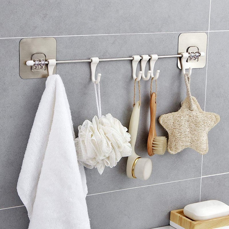 NIL JO NIL JO Self Adhesive Stainless Steel Rod with 6 Hooks Wall Mounted Kitchen Utensil Hanging Rack Holder 6 Plastic Hooks Bathroom Kitchen Sticker Hanger1pcs - Image 1