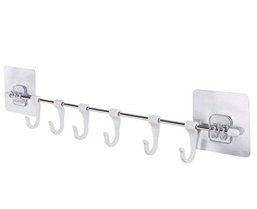 NIL JO NIL JO Self Adhesive Stainless Steel Rod with 6 Hooks Wall Mounted Kitchen Utensil Hanging Rack Holder 6 Plastic Hooks Bathroom Kitchen Sticker Hanger1pcs - Image 2