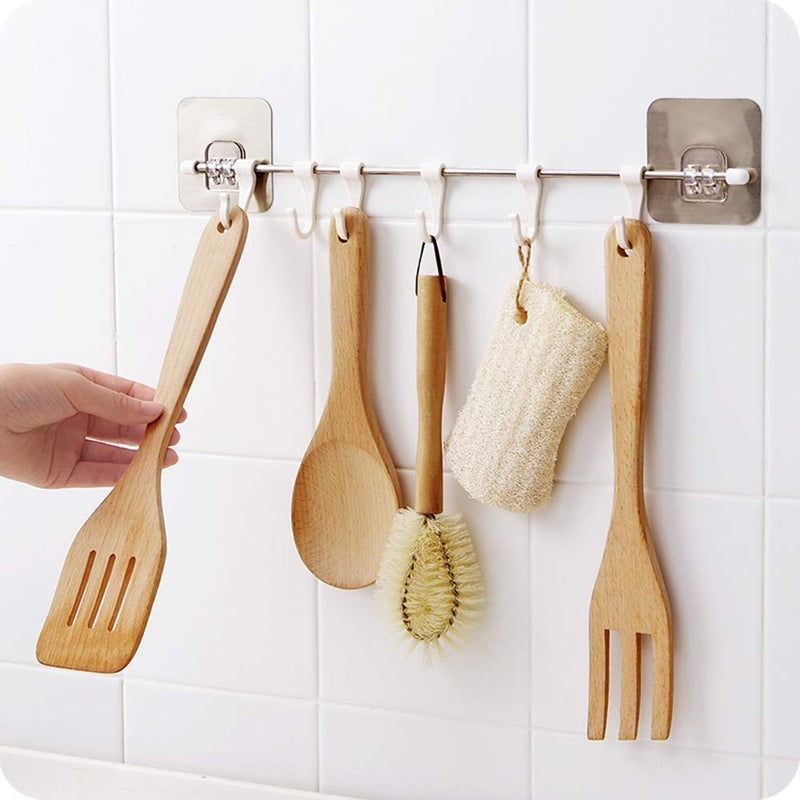 NIL JO NIL JO Self Adhesive Stainless Steel Rod with 6 Hooks Wall Mounted Kitchen Utensil Hanging Rack Holder 6 Plastic Hooks Bathroom Kitchen Sticker Hanger1pcs - Image 4
