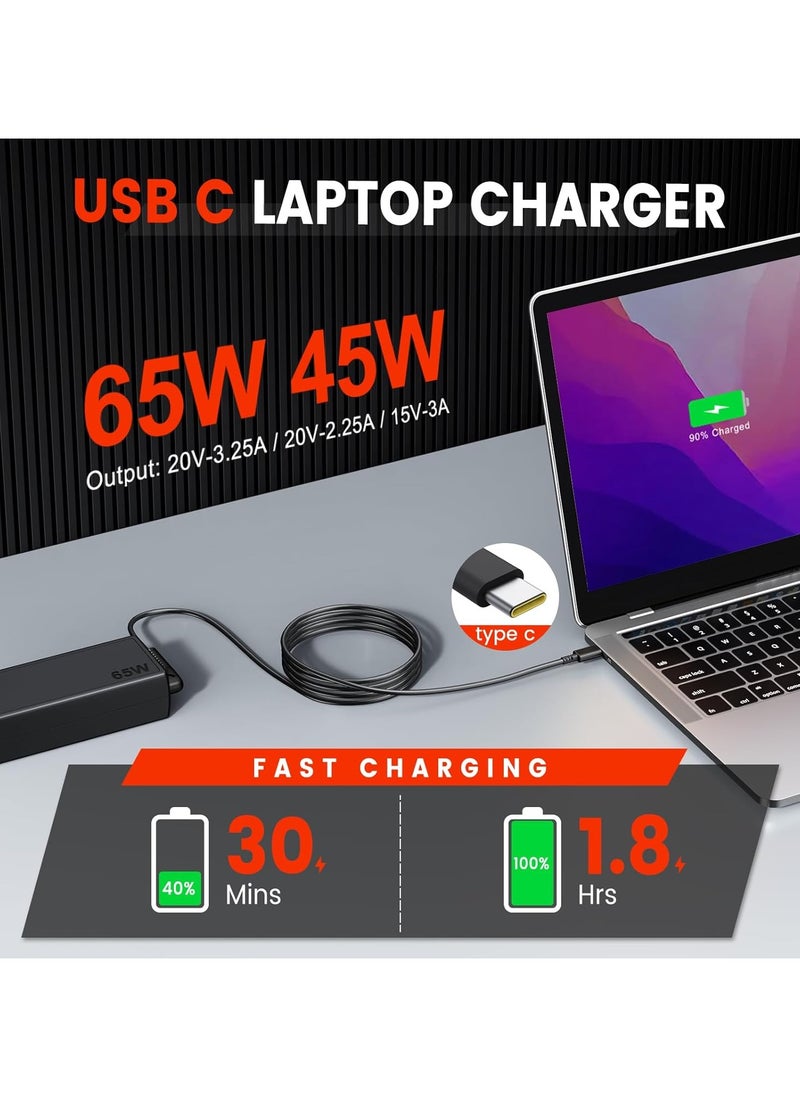 فلوينغ - شاحن بديل تيار متردد USB-C بقوة 65 وات 45 وات مناسب لجهاز Lenovo ThinkPad T14 T15 T480 T480s T490 T490s T495 T495s T580 X13 X280 X380 X390 X395 E15 E480 E490 Lenovo Yoga C330 سلك محول طاقة للكمبيوتر المحمول بقوة 65 وات - Image 1