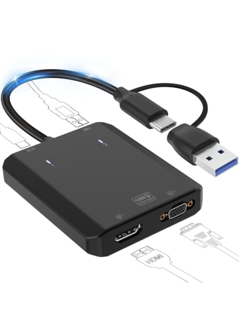 Barakah محول USB إلى HDMI VGA، موسع شاشة مزدوجة 1 في 2 خارج، 1080P@60Hz بطاقة رسومات خارجية، برنامج تشغيل مدمج توصيل وتشغيل، متوافق مع ويندوز، ماك أو إس M1/M2، مكتب منزلي للألعاب، محمول (أسود) - Image 1