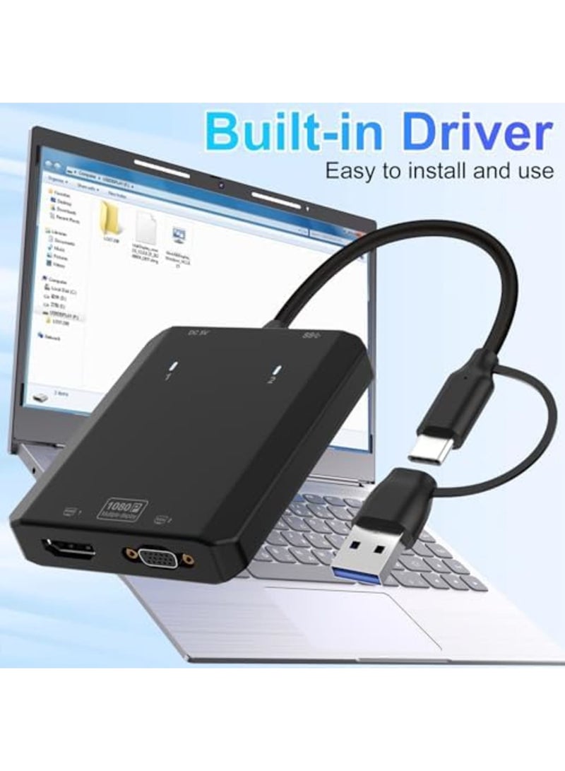 Barakah محول USB إلى HDMI VGA، موسع شاشة مزدوجة 1 في 2 خارج، 1080P@60Hz بطاقة رسومات خارجية، برنامج تشغيل مدمج توصيل وتشغيل، متوافق مع ويندوز، ماك أو إس M1/M2، مكتب منزلي للألعاب، محمول (أسود) - Image 2
