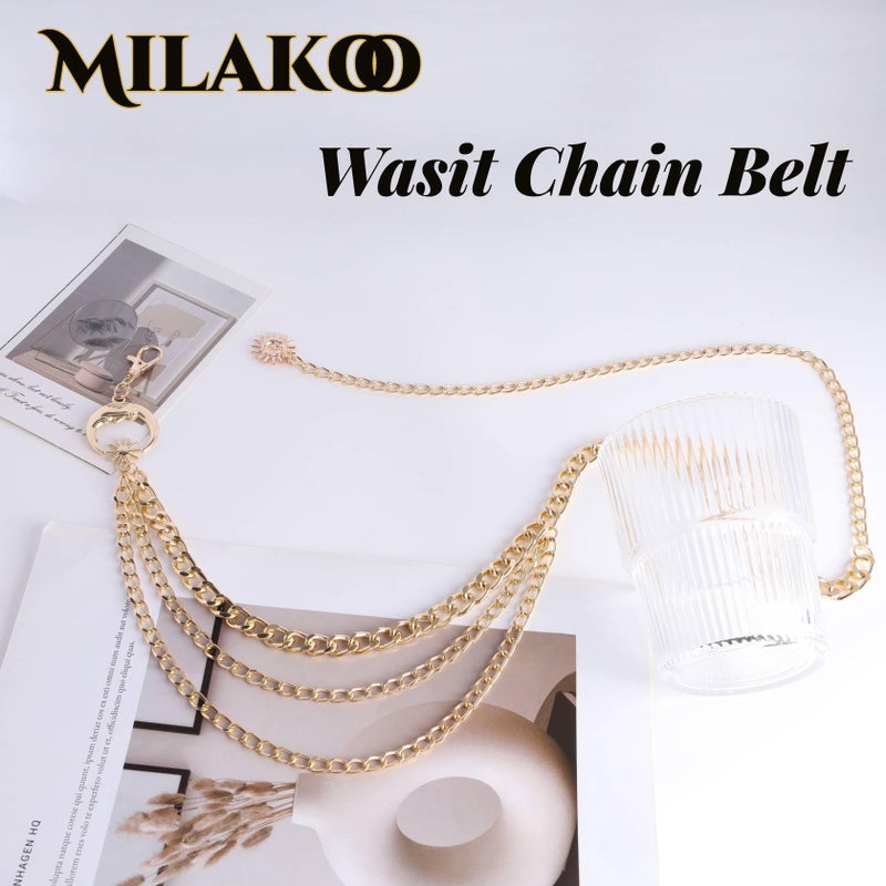Milakoo Chain Belt for Women Plus Size Waist Belt Gold Chunky Alloy Chain for Jeans Boho Sun Pendant - Image 3