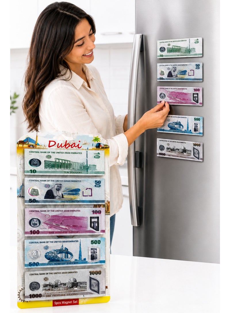 UAE Dirham Fridge Magnets Set, 5 PCS Dubai Currency Banknote Magnets, Decorative UAE Money Souvenir Collection - Image 1