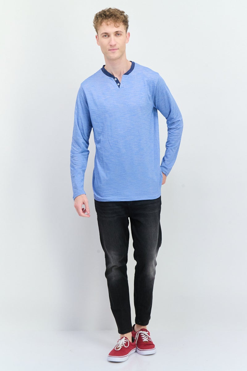 Blue Black Threads Men Henley Neck Heather Long Sleeves T-Shirt, Blue  - Image 2