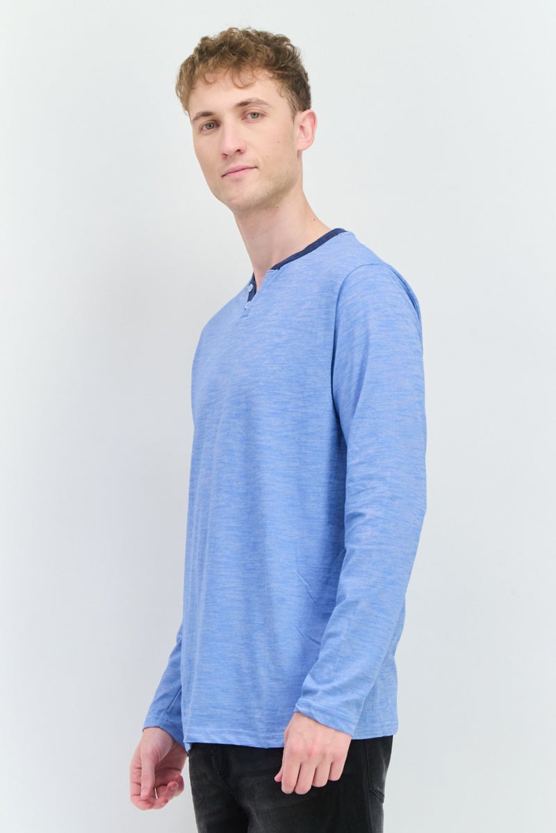 Blue Black Threads Men Henley Neck Heather Long Sleeves T-Shirt, Blue  - Image 4