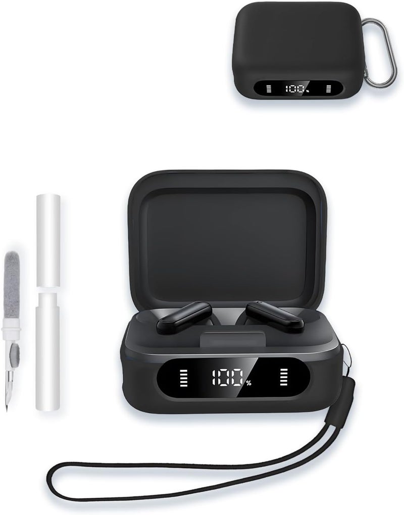 WUNIAK Case for soundcore P41i Wireless Earbuds, Soft Silicone Protective Portable Scratch Shock Resistant Shell with Cleaner Kit & Carabiner & Lanyard ，Black - Image 1