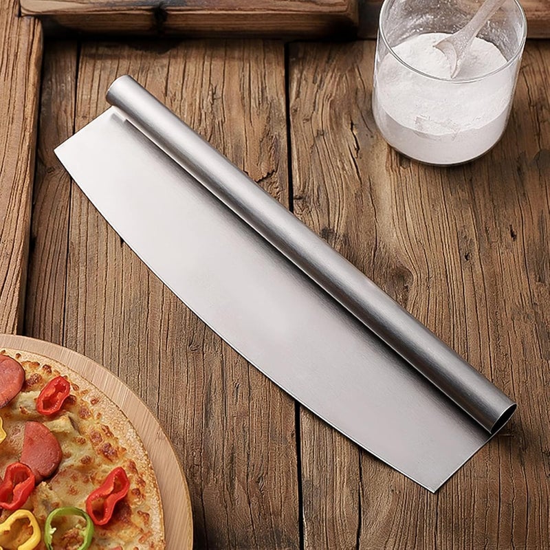 RAMPKD 14 inch Pizza Cutter Rocker Knife with Super Sharp Stainless Steel Blade Pizza Slicer Knife Pizza Making Tools Oven Accessories Dishwasher Safe Silver - Image 1
