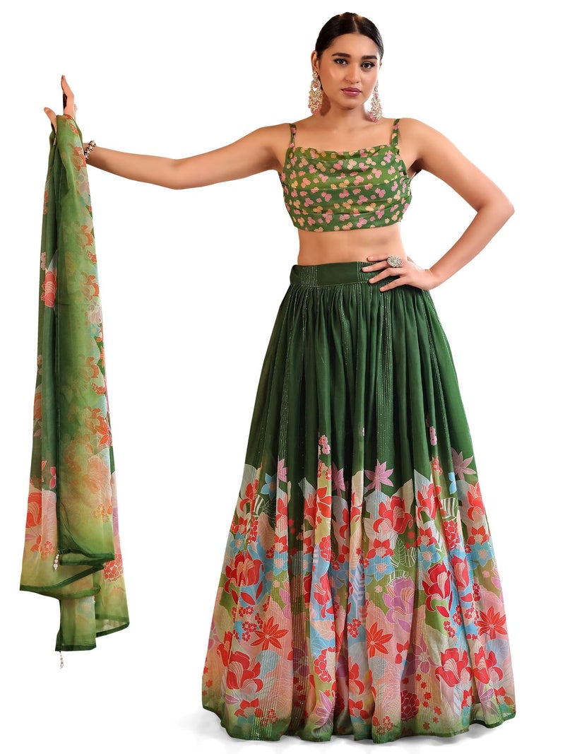 PURVAJA Women Georgette Semi-Stitched Lehenga Choli Set (Viana-Green Free Size) - Image 1