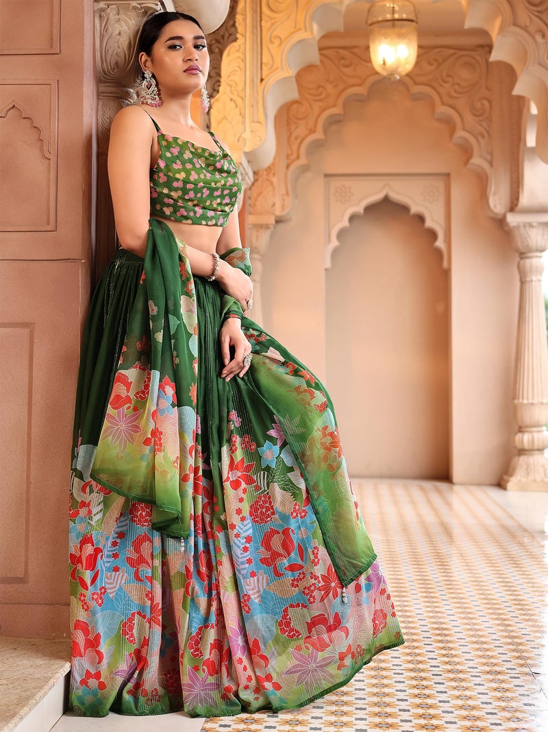 PURVAJA Women Georgette Semi-Stitched Lehenga Choli Set (Viana-Green Free Size) - Image 2