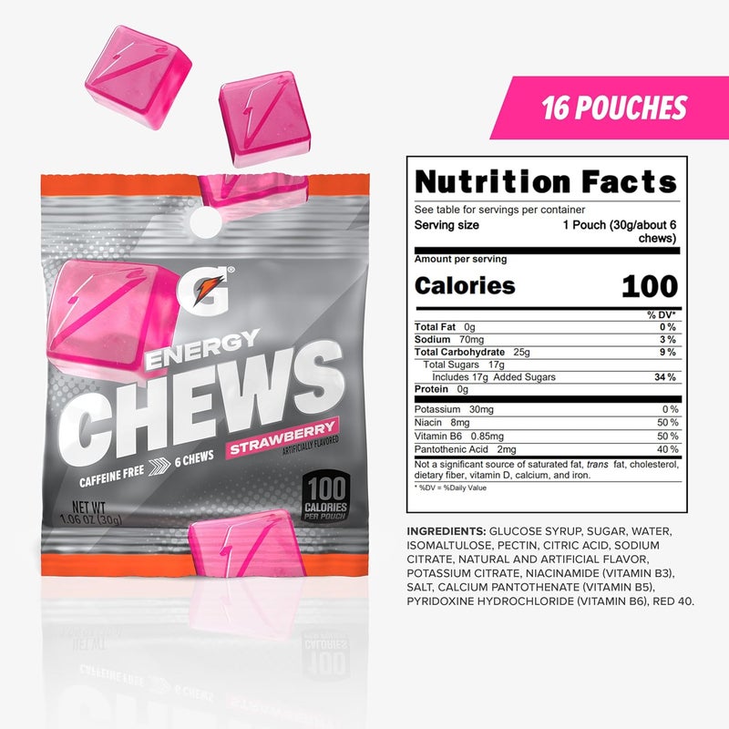 Gatorade Energy Chews Strawberry Caffeine Free B12 106 oz  100 Calorie Pouches 16 Pack - Image 2