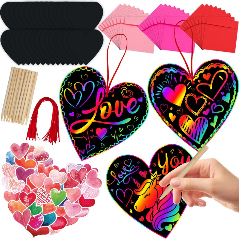 Jmuq 44Pack Valentine'S Day Scratch Art Set For Kids  Heart-Shaped Rainbow Scratch Cards  Envelopes  Heart Stickers  Perfect Craft Kit For Classroom School Exchange Prizes Party Favors Creative Gifts - Image 1
