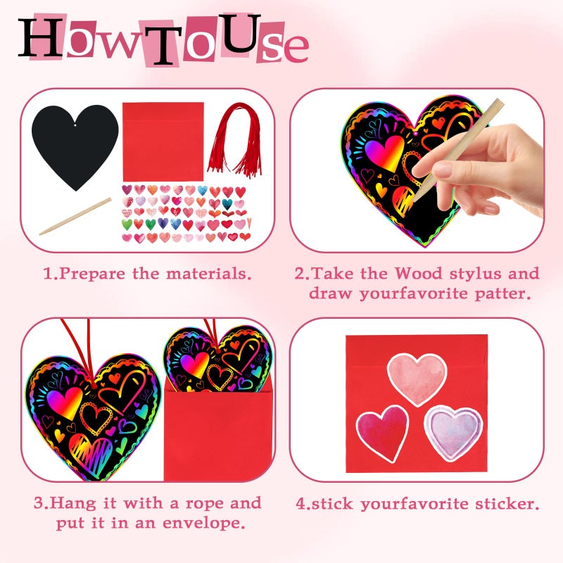 Jmuq 44Pack Valentine'S Day Scratch Art Set For Kids  Heart-Shaped Rainbow Scratch Cards  Envelopes  Heart Stickers  Perfect Craft Kit For Classroom School Exchange Prizes Party Favors Creative Gifts - Image 4