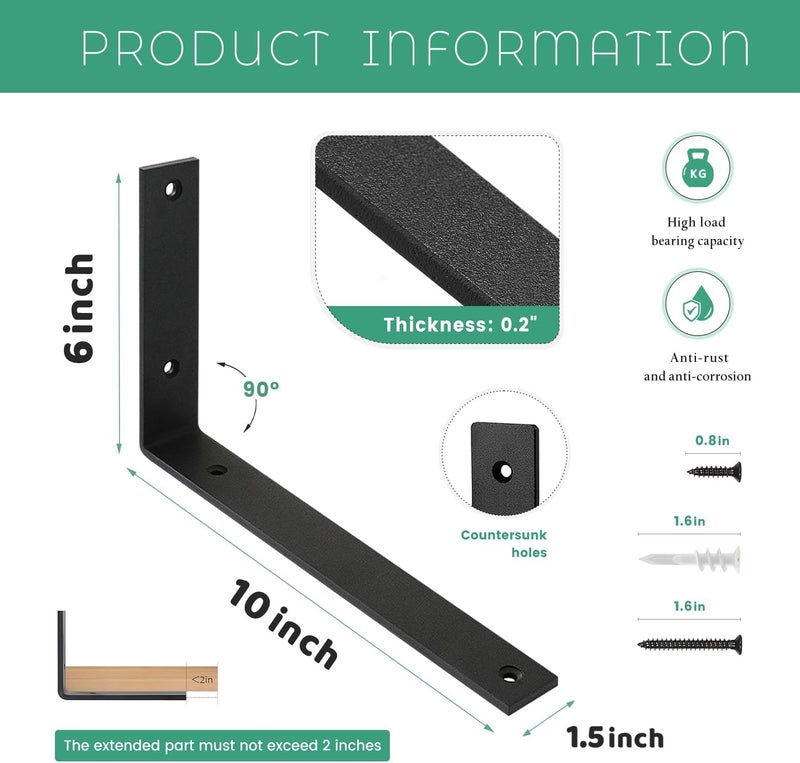 WINKER Shelf Bracket 8 Pack 10" Lx6 Hx1.5 W 5mm Thick Heavy Duty Black 10 Inch Brackets for Shelves Corner L Bracket for Wall Shelves Metal Iron Shelf Brackets - Image 2