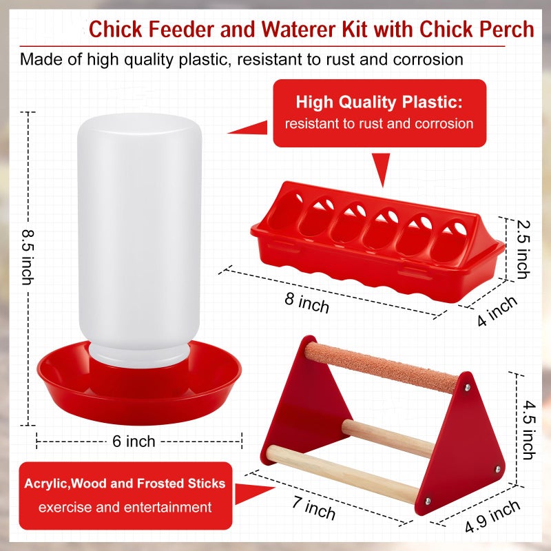 Patelai 7 Pcs Chick Feeder and Waterer Kit Feeding Supplies with Mini Perch Chicken Starter Kit for Coop and Brooder for Small Poultry Ducks Quail - Image 2