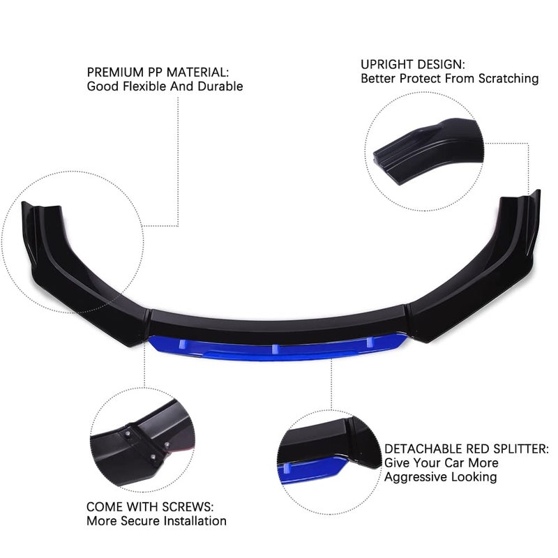 KEEPDSGN 4PCS Universal Car Front Bumper Lip Body Kit Splitter Spoiler Diffuser Protector Compatible with Subaru BRZ Cruze - Gloss Black,Blue Tongue - Image 3