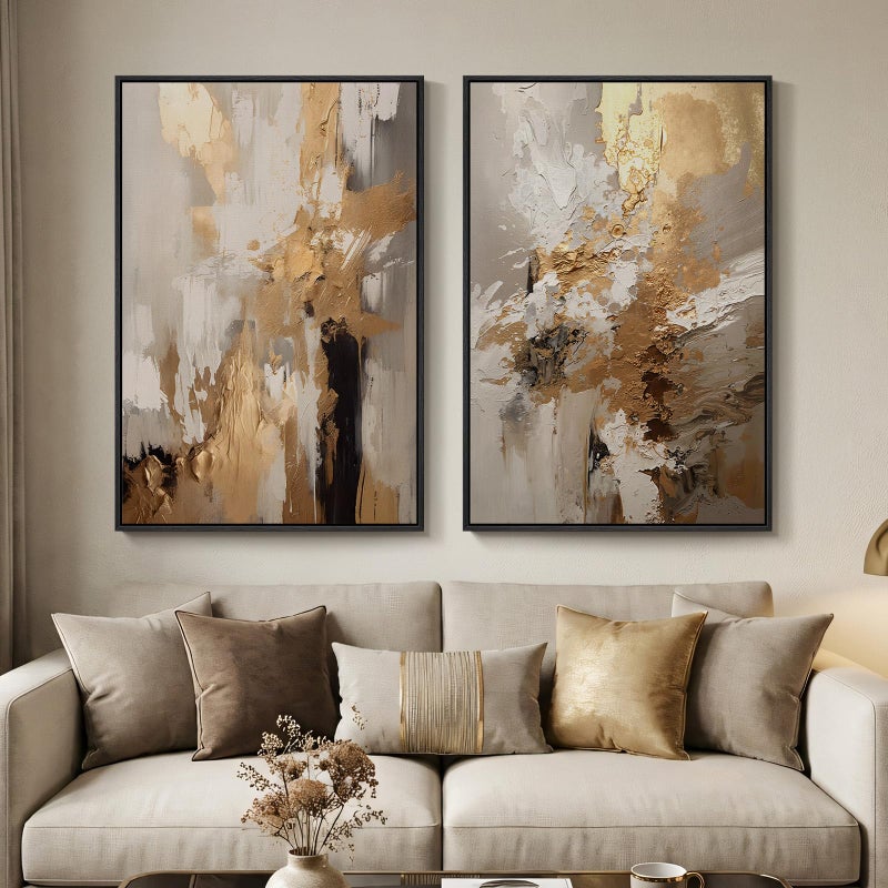 Cuspin Large Framed Neutral Abstract Wall Art, 2 Piece Modern Canvas Prints Paintings, Beige Gold Abstract Pictures for Living Room Hallway Dining Room Bedroom Office Wall Decor 24x36 In - Image 1
