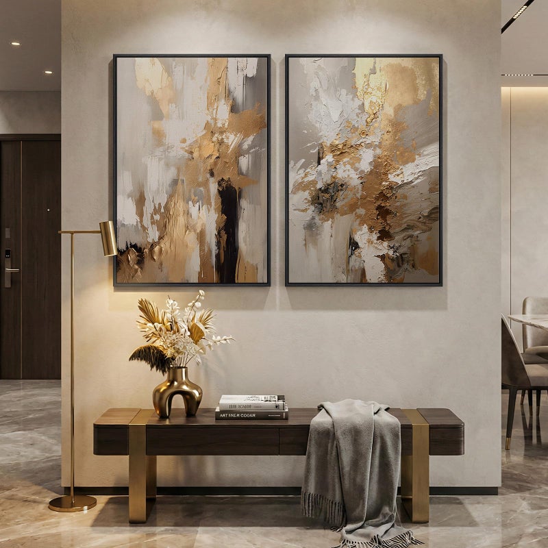 Cuspin Large Framed Neutral Abstract Wall Art, 2 Piece Modern Canvas Prints Paintings, Beige Gold Abstract Pictures for Living Room Hallway Dining Room Bedroom Office Wall Decor 24x36 In - Image 2