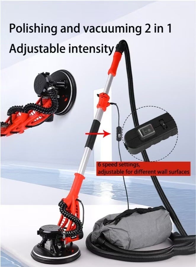 ALongDeng 1250W Electric Drywall Sander with Vacuum Popcorn Ceiling Removal Tool with Variable Speed 800-1800RPM Extendable Handle LED Light 20 Sanding Discs  Red - Image 4