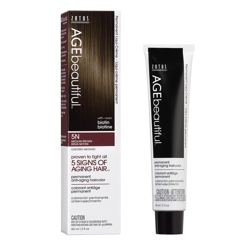 AGE beautiful Permanent Hair Color Dye Liqui Creme | 100% Gray Coverage | Anti-Aging Haircolor | Biotin for Thicker, Fuller Hair | Professional Salon Coloring | 5N Medium Brown - Image 1