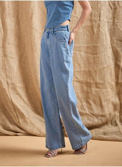 SASSAFRAS Mid Rise Front Studded Straight Fit Jeans by Styli  - Image 3