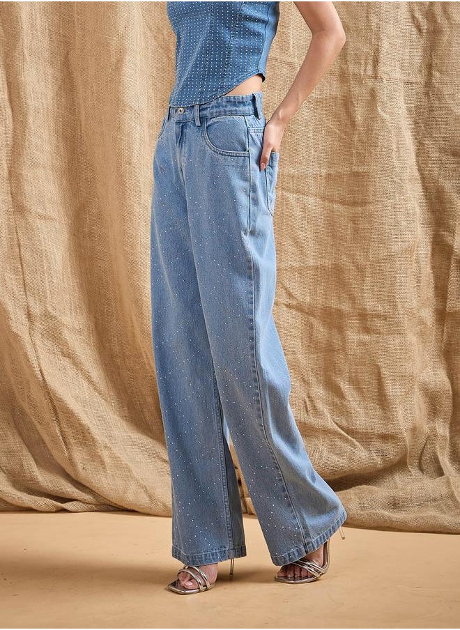 SASSAFRAS Mid Rise Front Studded Straight Fit Jeans by Styli  - Image 3