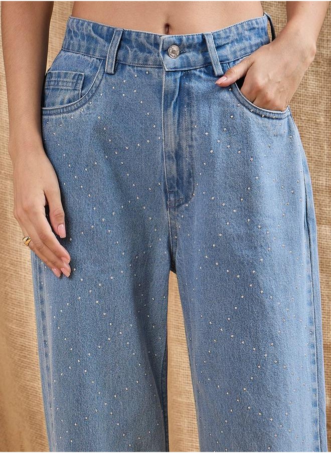 SASSAFRAS Mid Rise Front Studded Straight Fit Jeans by Styli  - Image 4