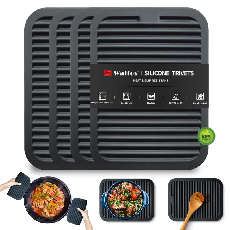 Walfos Trivets for Hot Dishes, Multi-Purpose Silicone Trivet, Heat Resistant Pot Holders for Kitchen, Non-Slip Hot Pads for Hot Pots and Pans, Quartz Countertops, 4 Pack, Black - Image 1
