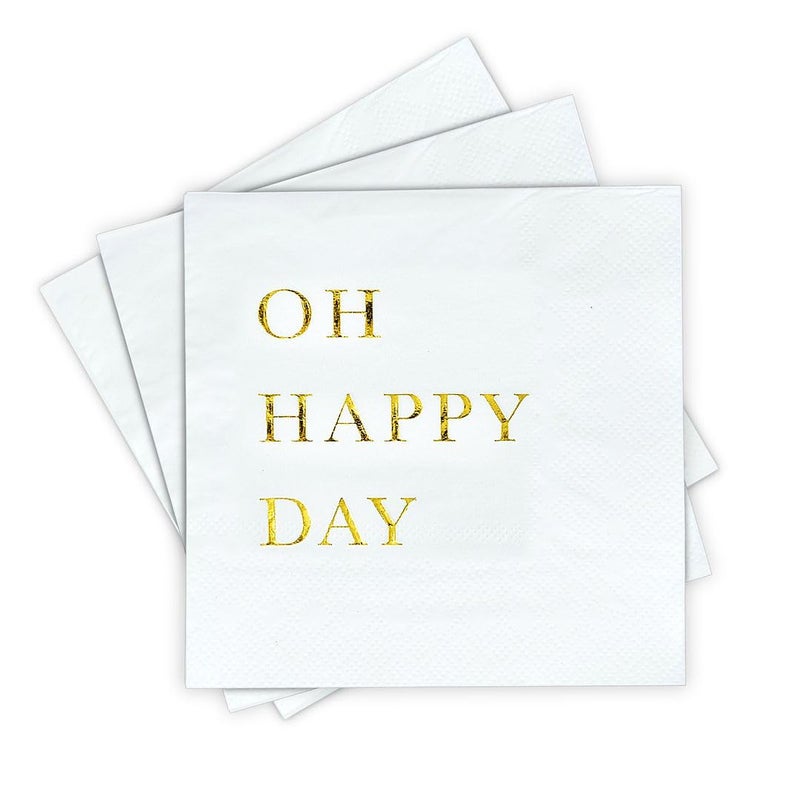 Oh Happy Day Cocktail Napkins  Gold Foil 3Ply Disposable Napkins for Weddings Engagements Bridal Showers Baby Showers Birthdays Anniversaries  Happy Celebrations