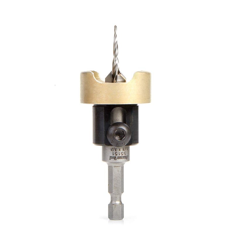 Amana Tool 82 Degree Countersink with Tapered Drill Bit and Adjustable Depth Stop, 55151, 3/8 D x 1/8 Drill D x 1/4 Inch Quick Release Hex Shank - Image 1