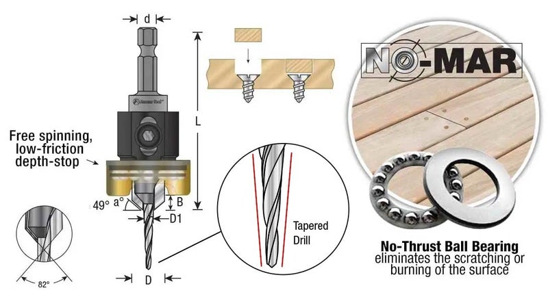 Amana Tool 82 Degree Countersink with Tapered Drill Bit and Adjustable Depth Stop, 55151, 3/8 D x 1/8 Drill D x 1/4 Inch Quick Release Hex Shank - Image 2