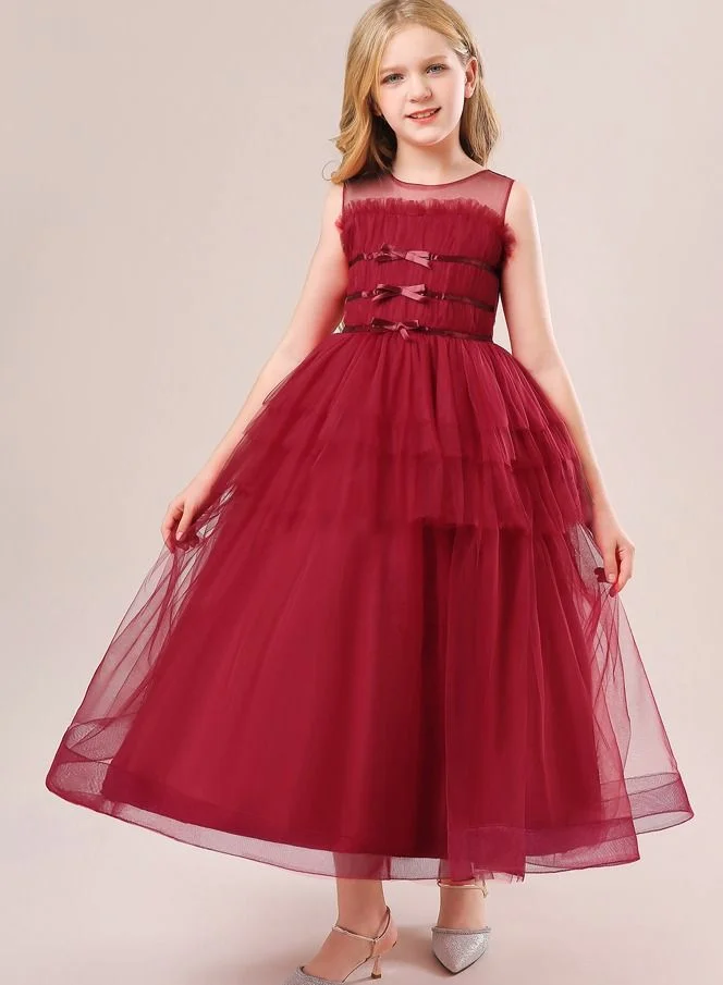 بيبي كلو Frilled layered hem mesh long red party dress