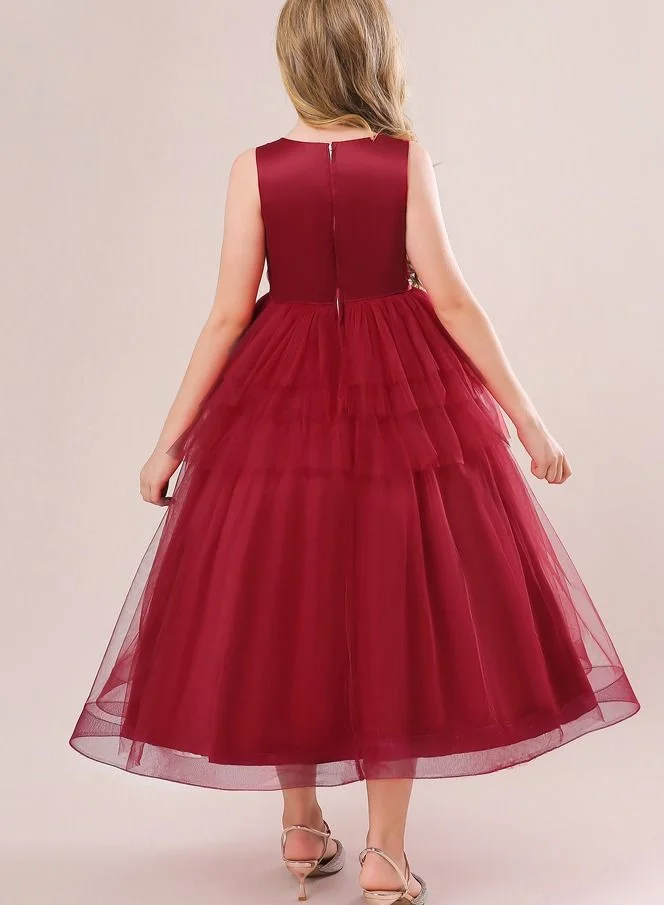 بيبي كلو Frilled layered hem mesh long red party dress