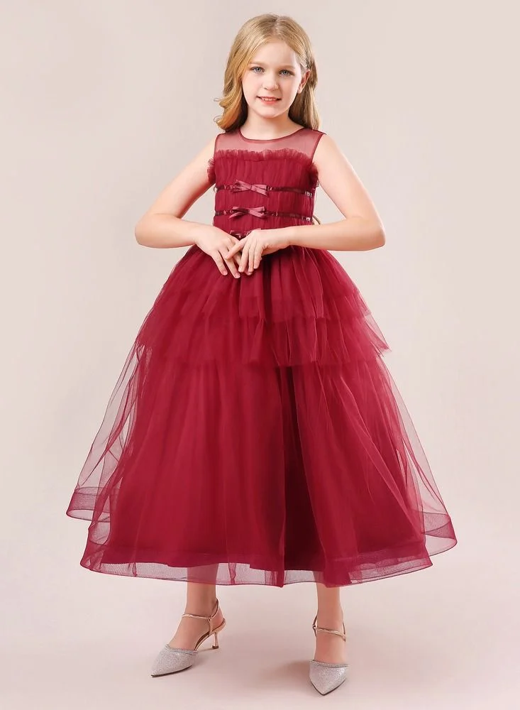 بيبي كلو Frilled layered hem mesh long red party dress