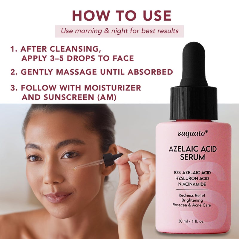 suquato 10% Azelaic Acid Serum with Niacinamide & Hyaluronic Acid â€“ Rosacea Treatment For Face â€“ Redness Relief, Blemish Relief, Brightening Skincare for Rosacea-Prone, Oily or Sensitive Skin, 30ml - Image 2
