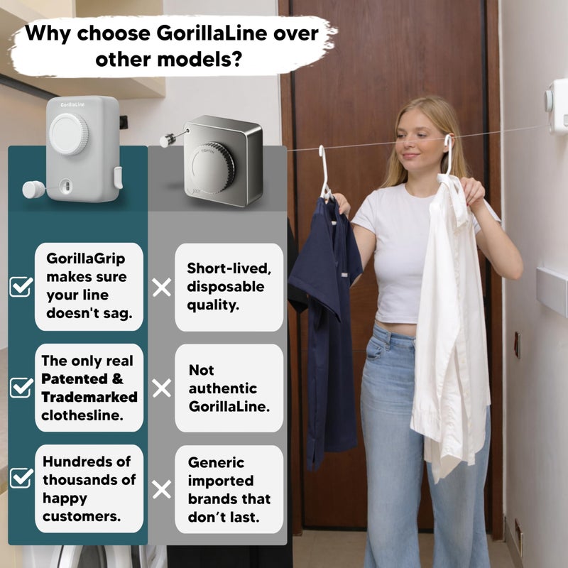 GorillaLine Max â€“ Retractable Clothesline Indoor Outdoor, Non-Sagging Heavy Duty Clothes Drying Line, Wall Mounted Drying Rack, Air Dry Clothing, Max Tighten with GorillaGrip - Image 5