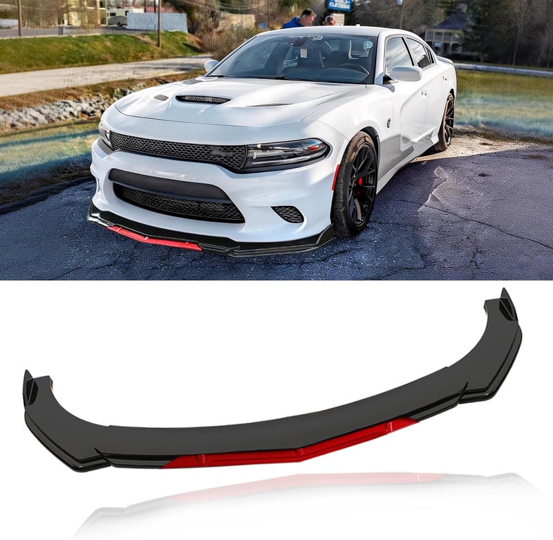 KEEPDSGN Front Bumper Lip Splitter Protector - Universal Fit for Most Sedans - Gloss Black with Red Tongue - Image 1