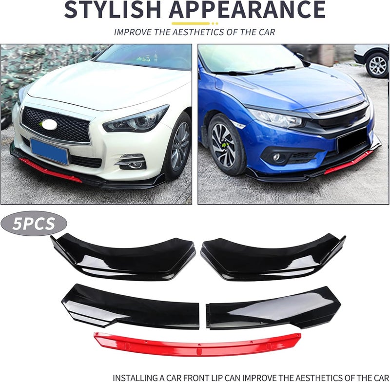 KEEPDSGN Front Bumper Lip Splitter Protector - Universal Fit for Most Sedans - Gloss Black with Red Tongue - Image 3