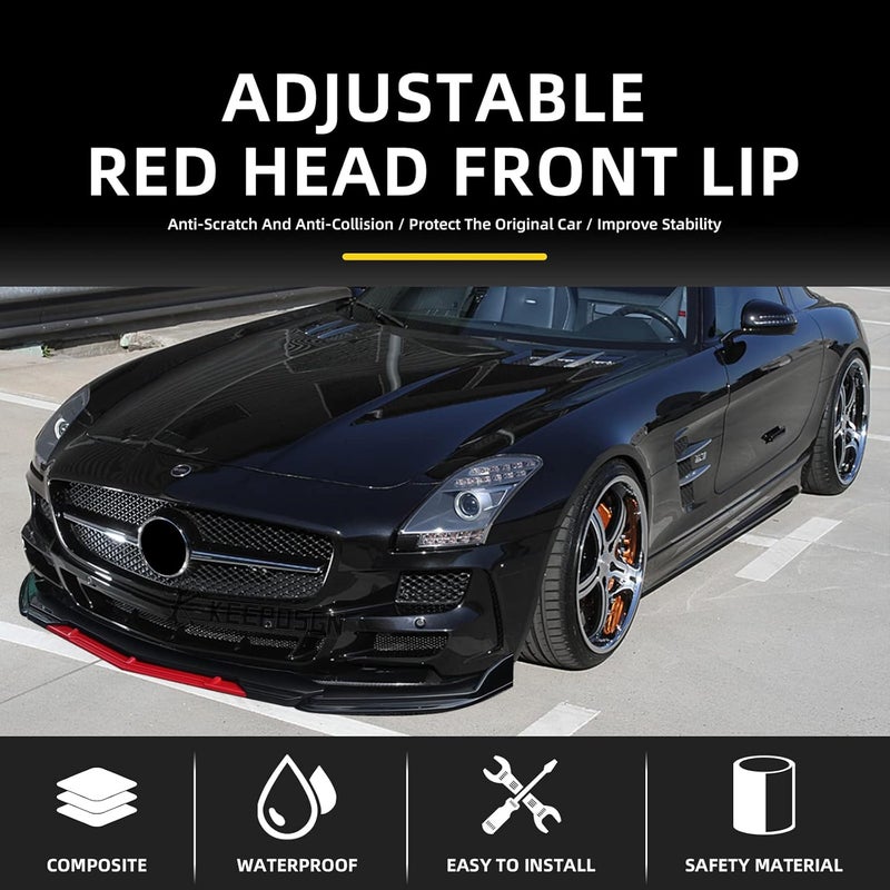 KEEPDSGN Front Bumper Lip Splitter Protector - Universal Fit for Most Sedans - Gloss Black with Red Tongue - Image 4
