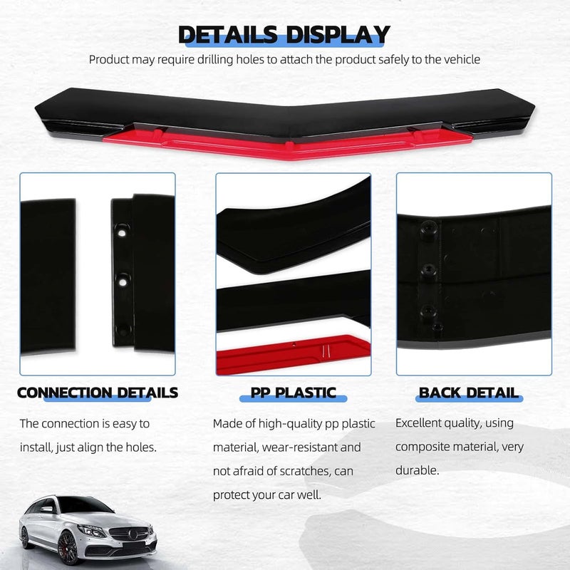 KEEPDSGN Front Bumper Lip Splitter Protector - Universal Fit for Most Sedans - Gloss Black with Red Tongue - Image 2